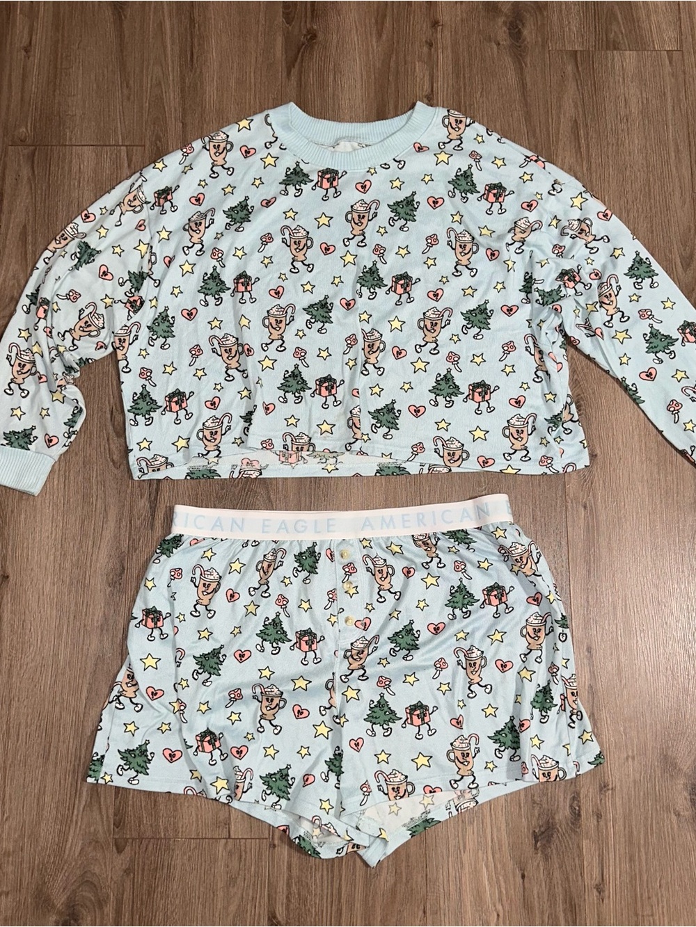 American Eagle Outfitters Pajamas Light Blue Holiday Character Pajama Set